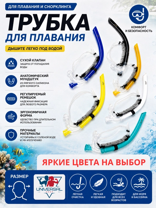 Трубка для плавания и снорклинга с сухим клапаном, силиконовым мундштуком, универсальная
