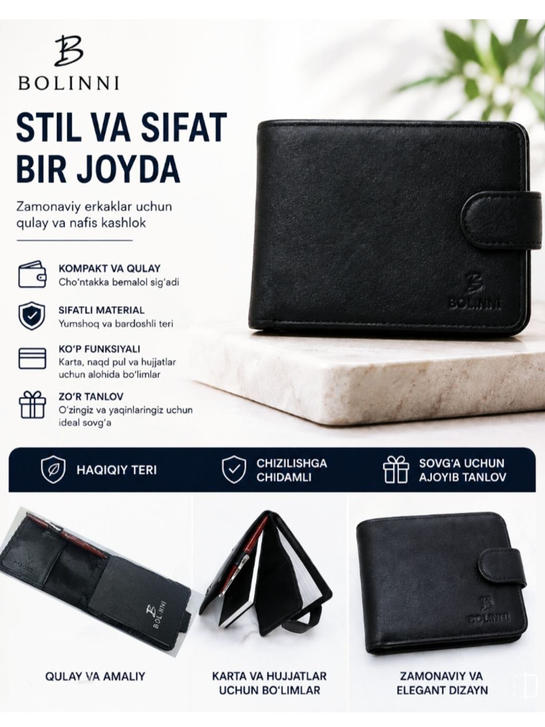 Klassik erkaklar hamyoni – tabiiy charmda mini hamyon - 