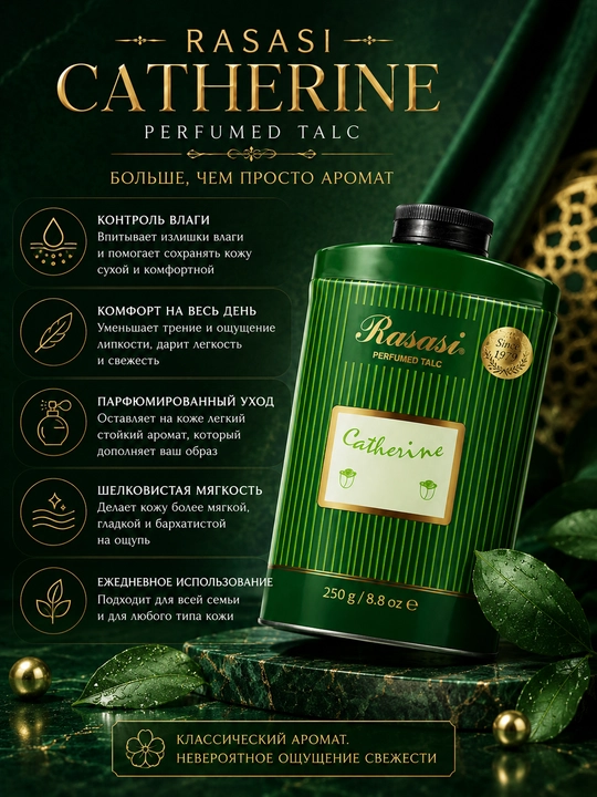 Rasasi Catherine xushbo'y tana talki, 250 g — yangilik, qulaylik va nafis hid