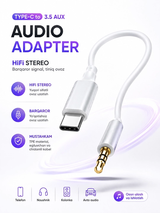 Type-C dan 3.5mm AUX audio adapter kabel, Android uchun, oq - 