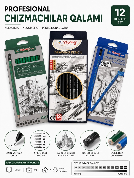 Yalong Professional Drawing Pencil 12 dona, 2H–8B grafit chizmachilik qalamlari