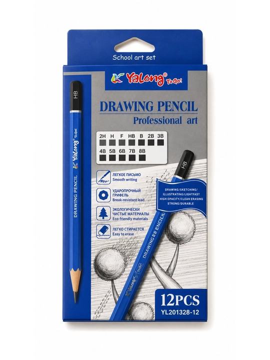 Yalong Professional Drawing Pencil 12 dona, 2H–8B grafit chizmachilik qalamlari