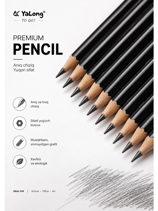 Yalong Professional Drawing Pencil 12 dona, 2H–8B grafit chizmachilik qalamlari