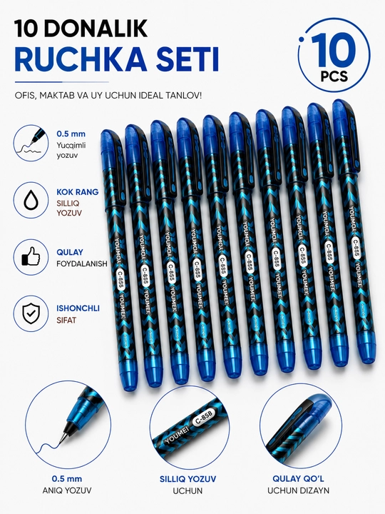 YOUME 0,5 mm gel ruchkasi, 5 yoki 10 dona to‘plam, qora va ko‘k ruchkalar