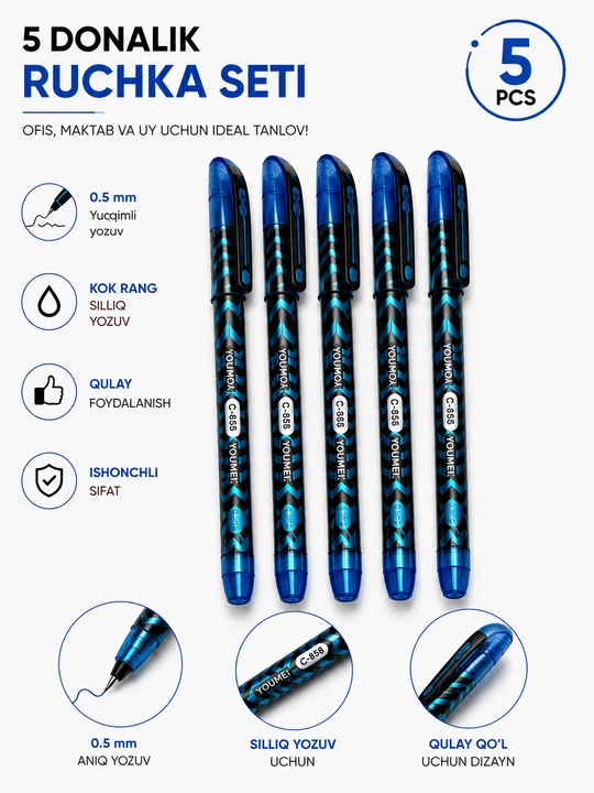 YOUME 0,5 mm gel ruchkasi, 5 yoki 10 dona to‘plam, qora va ko‘k ruchkalar