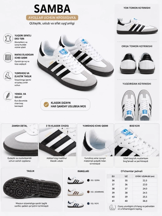 Ayollar Uchun Casual Krossovkasi Oq-Havorang 36-40 Razmer