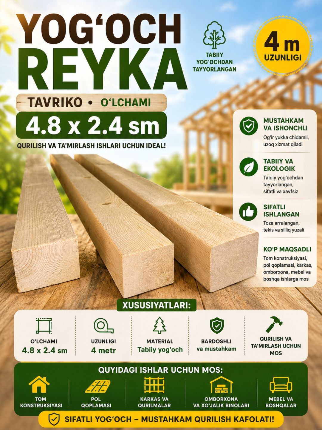 Yog'och reyka Tavriko  - o‘lchami 4.8 × 2.4 sm, uzunligi 4 m - 