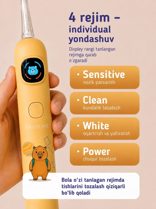 Bolalar uchun elektr tovushli tish cho‘tkasi Revyline RL 095  4 rejim, 7+ yosh