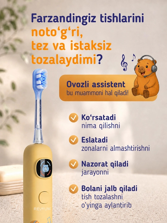 Bolalar uchun elektr tovushli tish cho‘tkasi Revyline RL 095  4 rejim, 7+ yosh