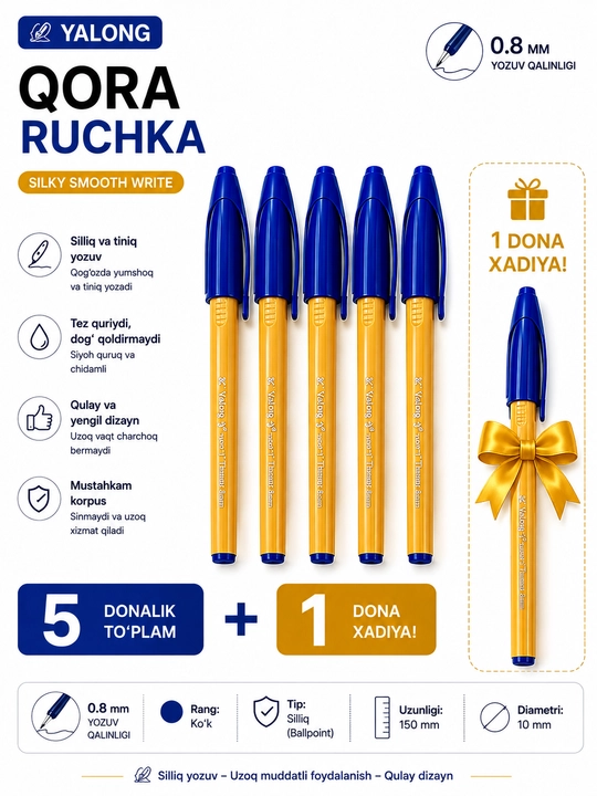 Yalong ko'k sharikli ruchka, 5 va 10 dona, oltin rang dizayn, bonus ruchka bilan