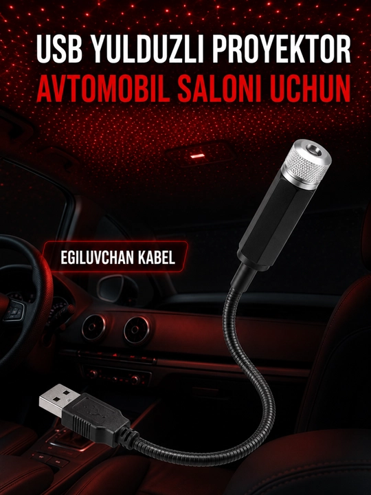Avtomobil uchun USB yulduzli proyektor, 360° aylanuvchi bosh va egiluvchan kabel - 