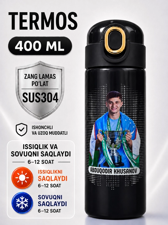 O‘g‘il bola uchun termos, 400 ml, ichimliklar uchun maktab termosi, zanglamaydigan po‘latdan - 