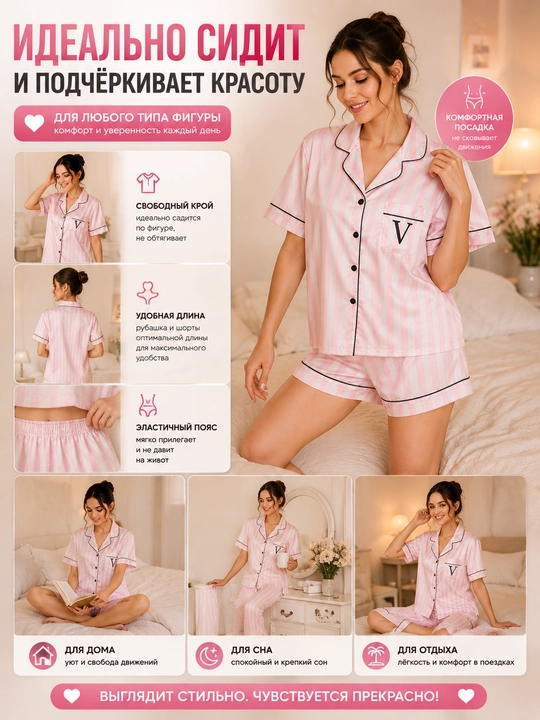 Аyollar uchun pijama troyka — ko'ylak, shim va shortli, erkin bichim