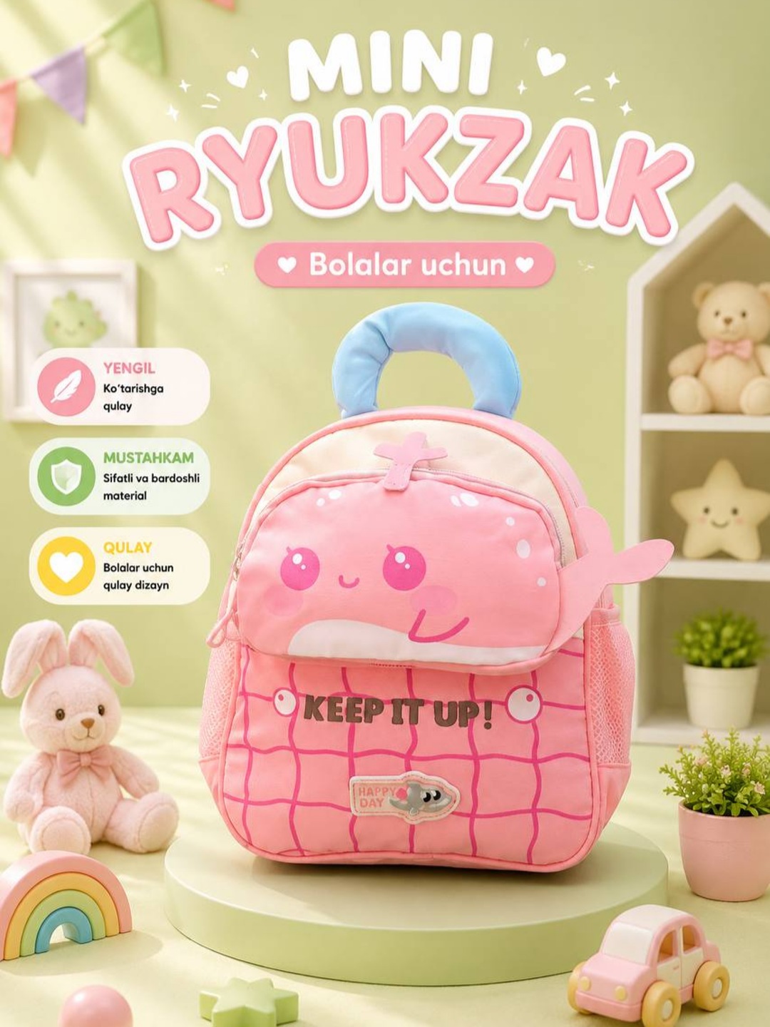 Mini ryukzak bolalar uchun, yumshoq va yengil, bog‘cha uchun - 