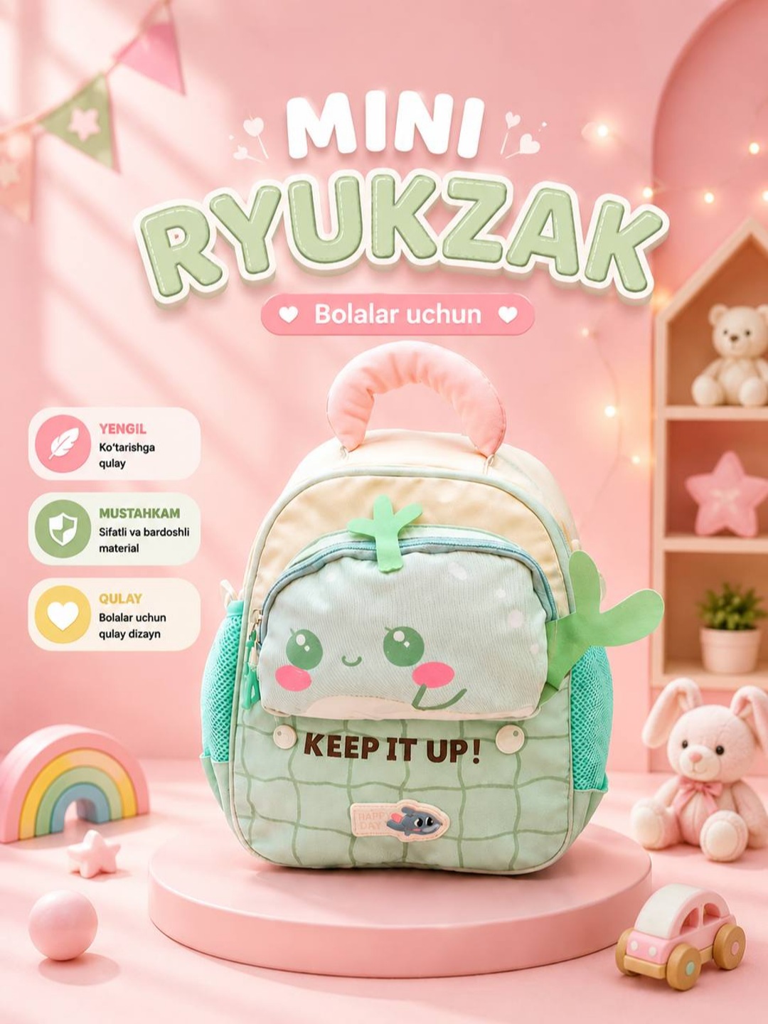Mini ryukzak bolalar uchun, yumshoq va yengil, bog‘cha uchun - 