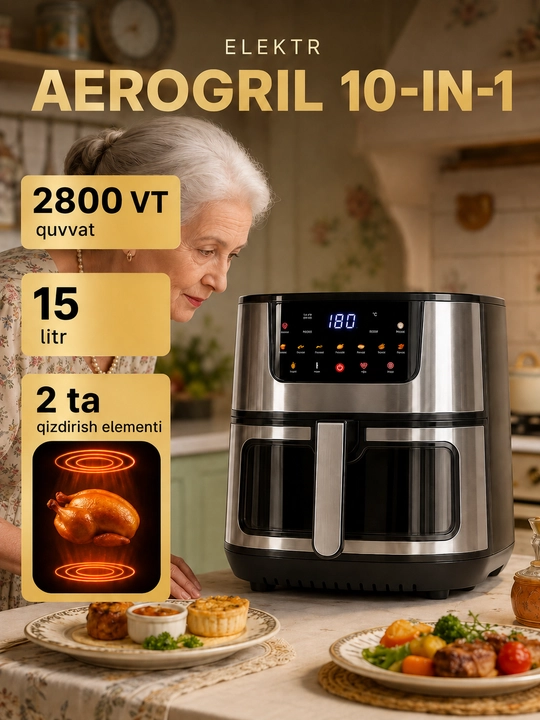 Аэрогриль 10–15л, 8–12 программ, до 1600–2800 Вт, фритюрница без масла,с 2 Нагревательные - 