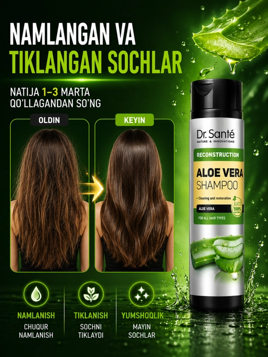 Шампуни Dr.Sante Keratin, Anti Hair Loss, Aloe для восстановления и увлажнения волос, 250
