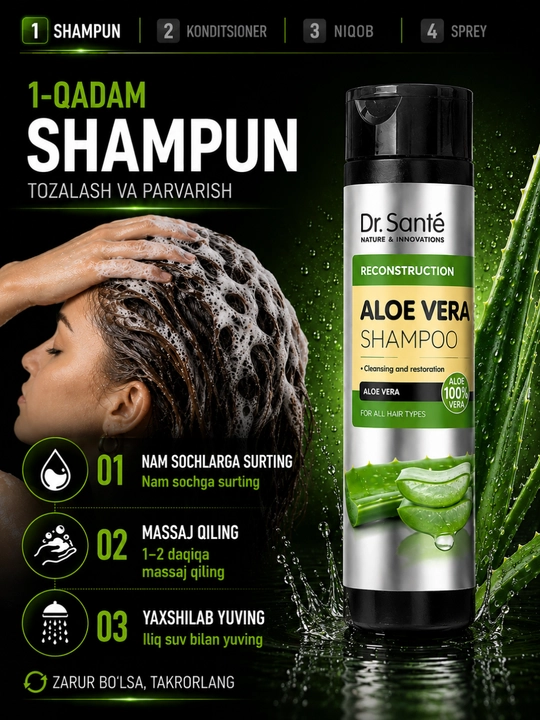 Шампуни Dr.Sante Keratin, Anti Hair Loss, Aloe для восстановления и увлажнения волос, 250