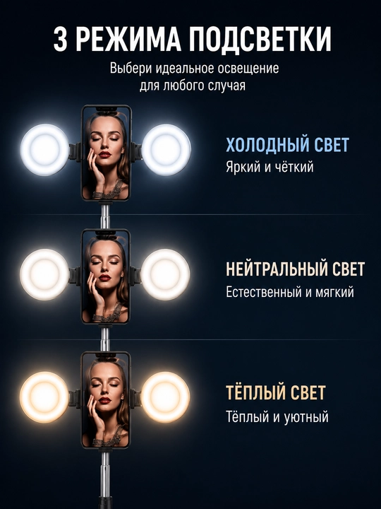 Селфи-палка JC-18H с двумя LED-зеркальными лампами,  высота до 170 см