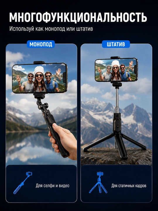 Селфи-палка JC-18H с двумя LED-зеркальными лампами,  высота до 170 см