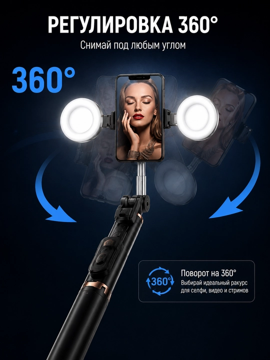 Селфи-палка JC-18H с двумя LED-зеркальными лампами,  высота до 170 см