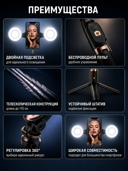 Селфи-палка JC-18H с двумя LED-зеркальными лампами,  высота до 170 см