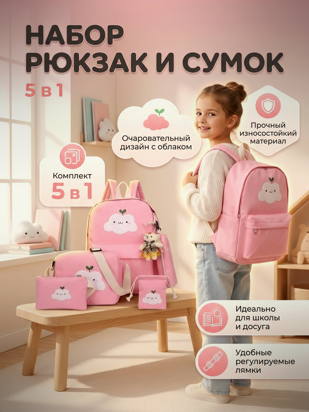 Набор сумок для девочек, с принтами и игрушками, для школы и прогулок - 