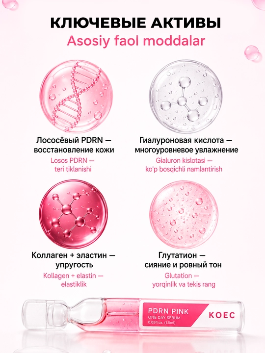 KOEC PDRN Pink One Day Serum ampulalari, losos PDRN, 10×1.5 ml