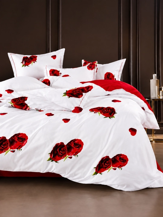 Atirgulli premium yotoq choyshabi to'plami, 2 kishilik, paxtali, romantik dizayn - 