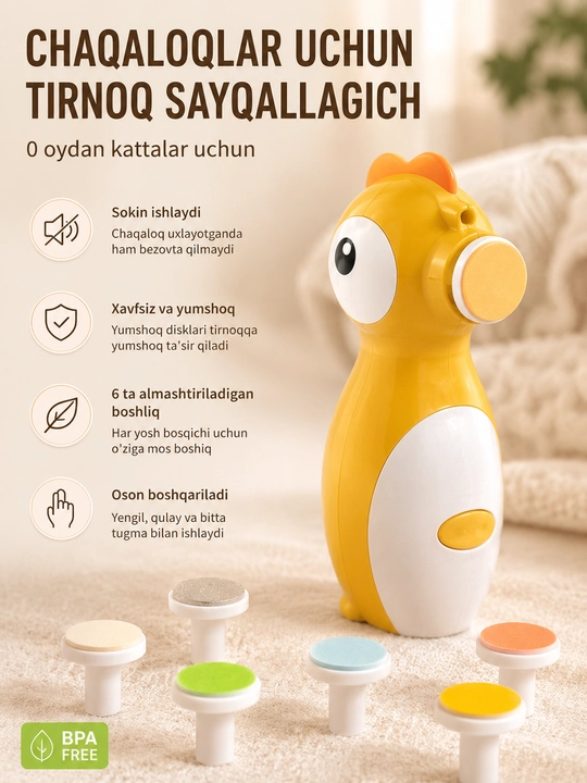 Chaqaloqlar uchun elektr tirnoq sayqallagich, xavfsiz tirnoq parvarishi, 6 boshli to'plam