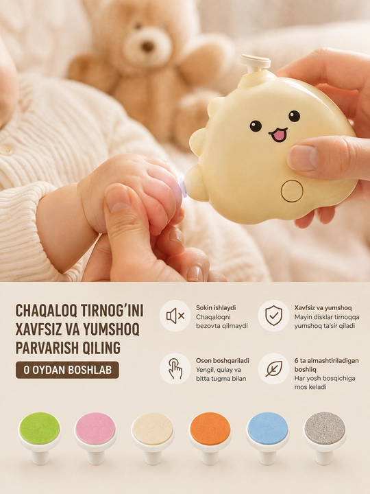 Chaqaloqlar uchun elektr tirnoq sayqallagich, xavfsiz tirnoq parvarishi, 6 boshli to'plam