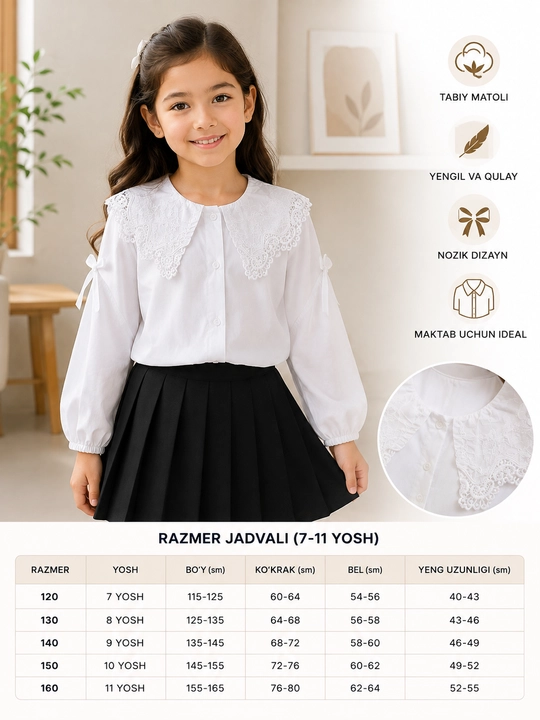 Qizlar uchun uzun yengli yoqali oq bluzka, 120–160 razmer