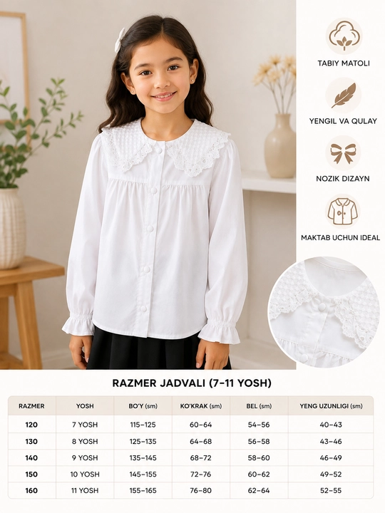 Qizlar uchun uzun yengli yoqali oq bluzka, 120–160 razmer