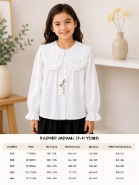 Qizlar uchun uzun yengli yoqali oq bluzka, 120–160 razmer