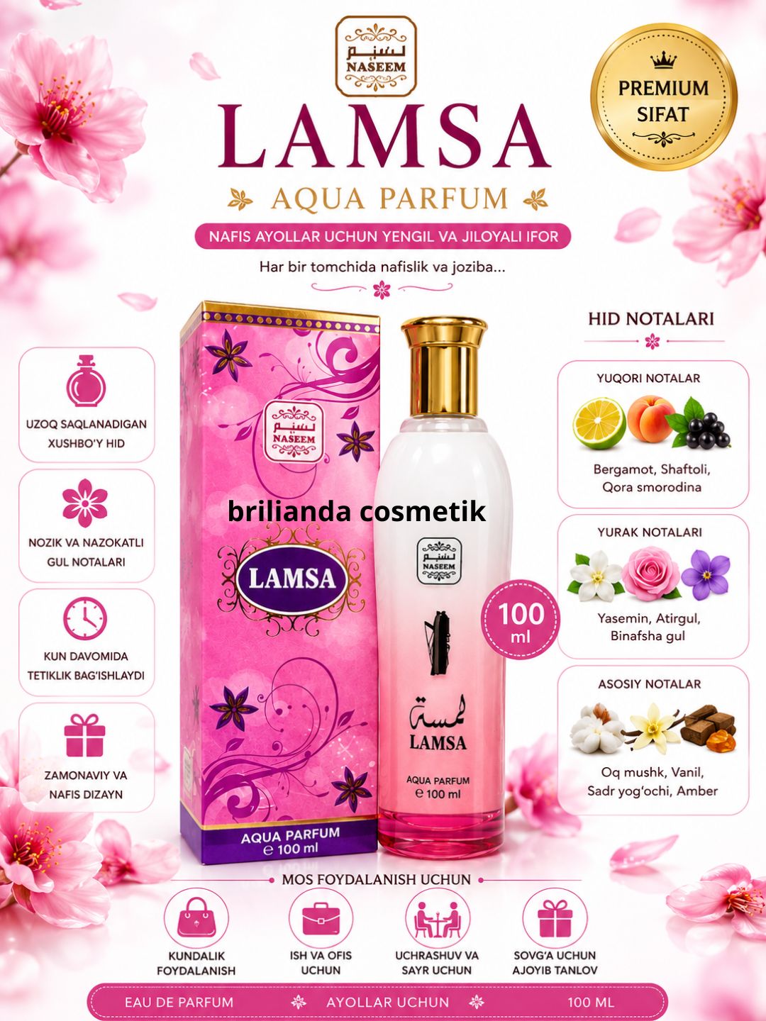 Naseem Lamsa Aqua Parfum 100 ml – Ayollar uchun nafis va uzoq saqlanuvchi Eau de Parfum - 