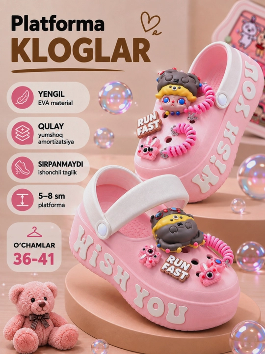 Ayollar uchun platforma krokslar (kloglar) EVA — yengil, qulay, sirpanmaydigan, 36-41
