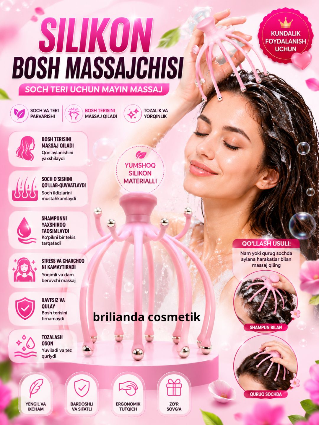 Bosh uchun silikonli massaj moslamasi - bosh terisi va sochlar uchun qo‘l massaj moslamasi, pushti rangda - 