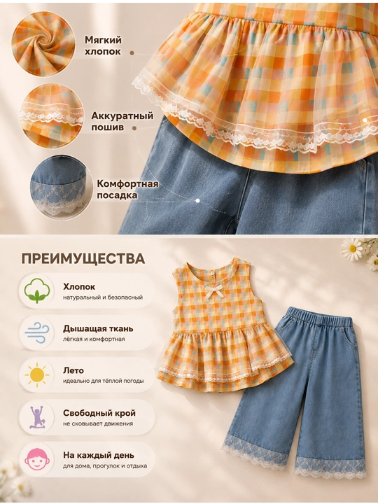 Одежда для девочек 3–7 лет, летний комплект одежды-двойка, хлопковая кофта и кюлоты