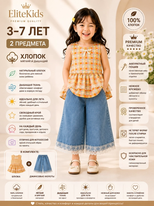 Одежда для девочек 3–7 лет, летний комплект одежды-двойка, хлопковая кофта и кюлоты