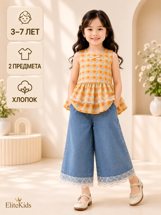 Одежда для девочек 3–7 лет, летний комплект одежды-двойка, хлопковая кофта и кюлоты