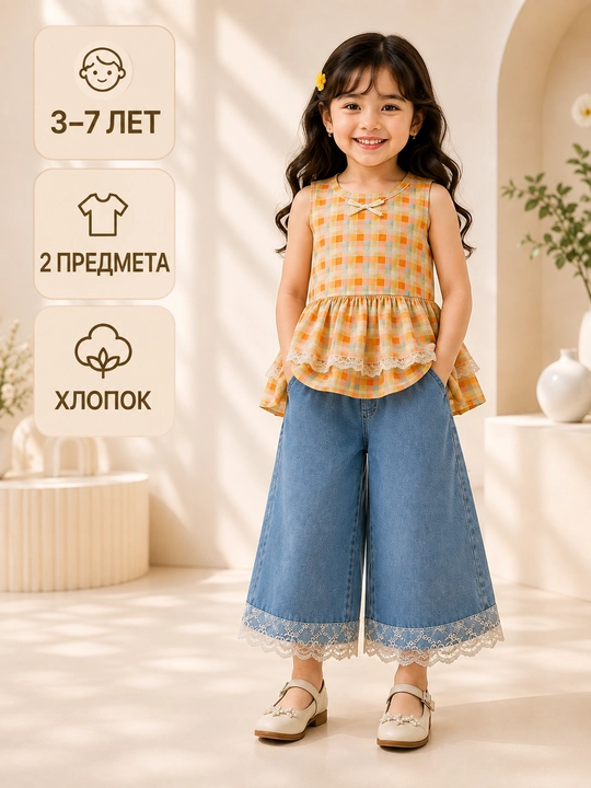 Одежда для девочек 3–7 лет, летний комплект одежды-двойка, хлопковая кофта и кюлоты - 