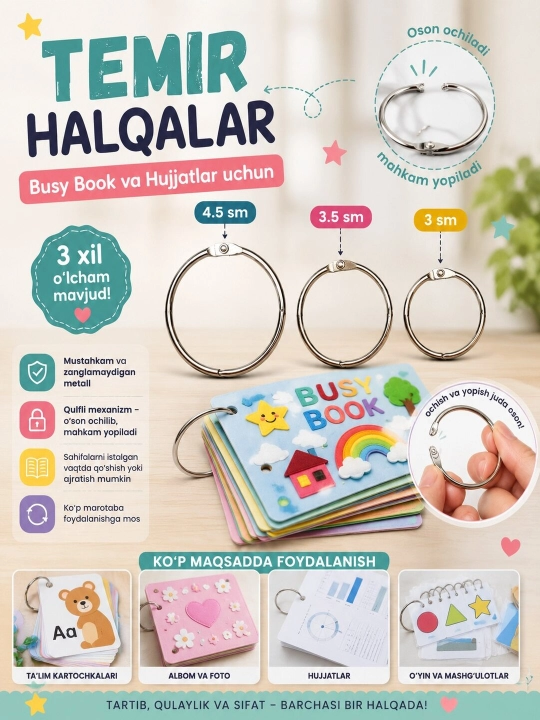 Busy booklar uchun tamir halqalar to‘plami 3-4. 5 sm, ochilib-yopiladigan mustahkam - 