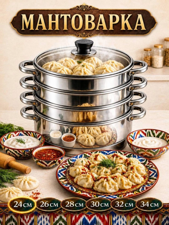 Manti - qasqon, zanglamaydigan po'latdan yasalgan, 3 / 4 / 5 / 6 / 8 / 10 / 12 litr - 