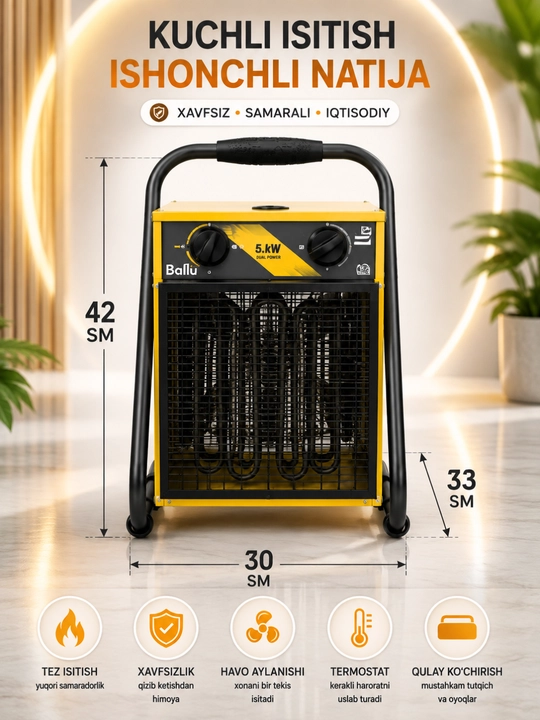 Termostatli 5 kVt Ballu ko‘chma elektr isitgichi, 42 × 30 × 33 sm