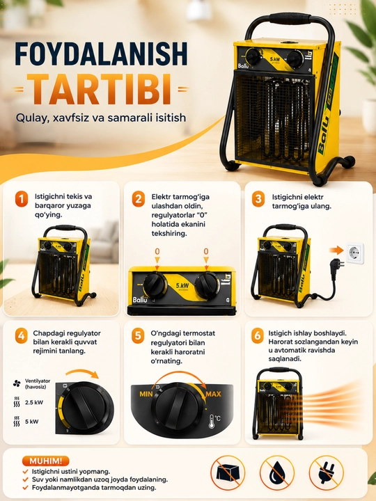 Termostatli 5 kVt Ballu ko‘chma elektr isitgichi, 42 × 30 × 33 sm