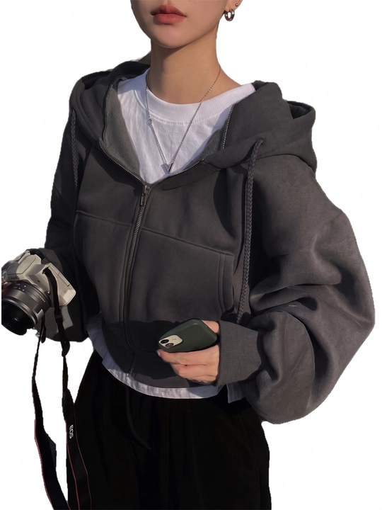 Ayollar uchun qisqa zip-xudi Cropped Hoodie, kapyushonli, kundalik oversize kofta - 
