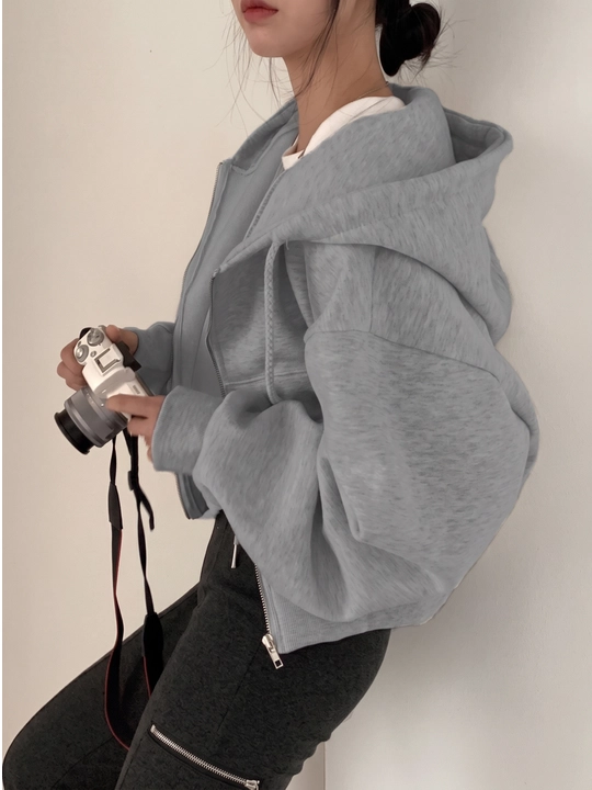 Ayollar uchun qisqa zip-xudi Cropped Hoodie, kapyushonli, kundalik oversize kofta - 