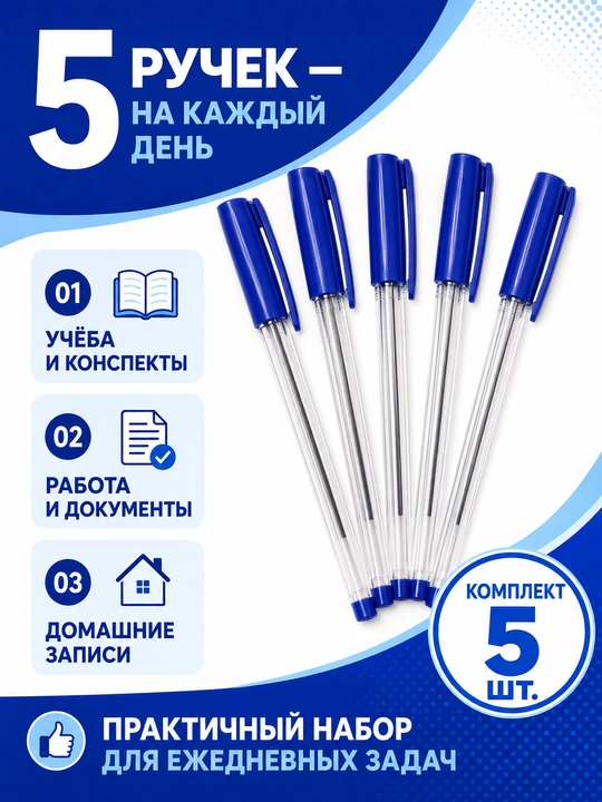 Sharikli ruchkalar to‘plami, 5 dona, shaffof korpus, ko‘k qopqoqli