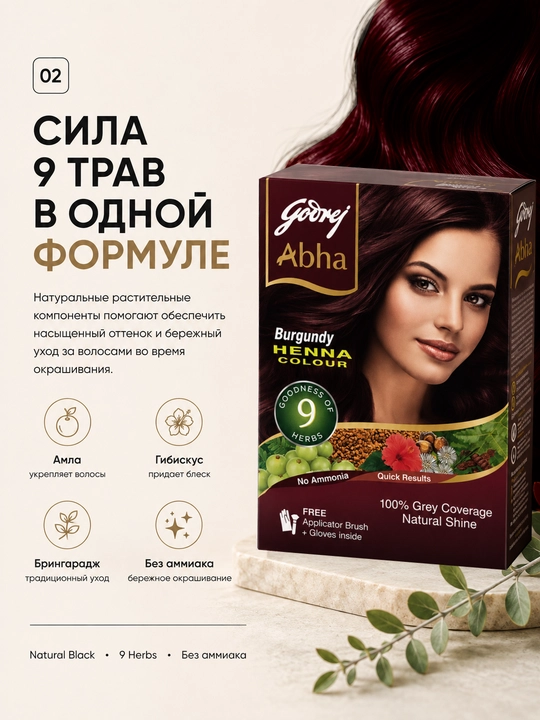 Натуральная хна для окрашивания и ухода за волосами на травах Godrej Abha