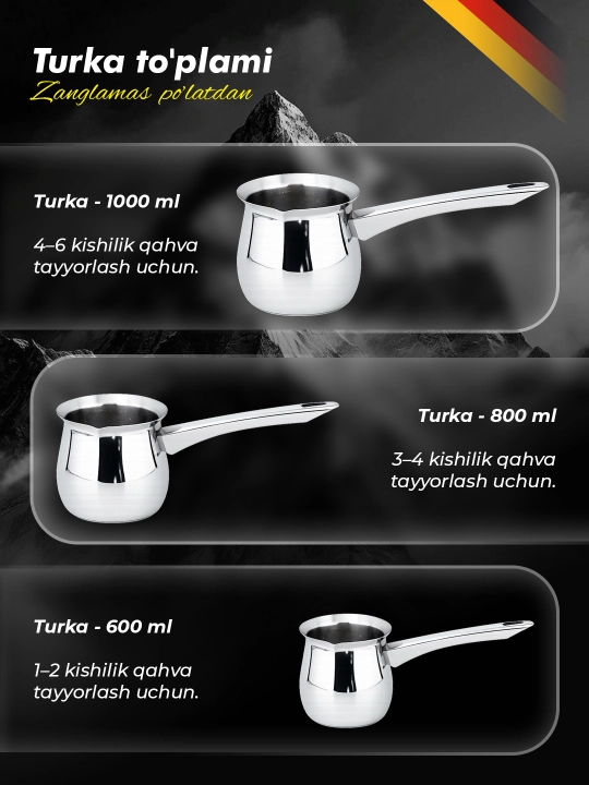 Набор турок из нержавеющей стали, 3 шт, для приготовления кофе, 200, 400, 600 мл